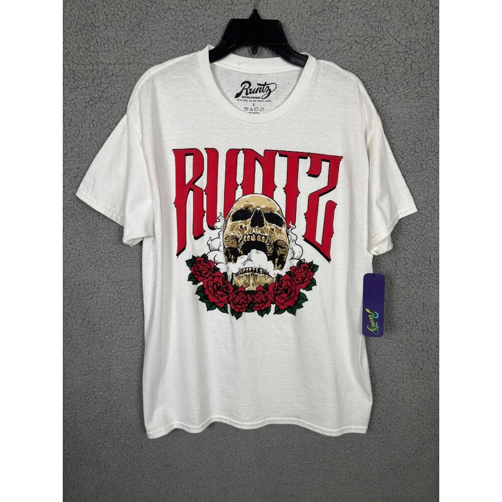 Runtz Worldwide Mens White Skull & Roses Graphic Tee-Shirt Large Cotton NWT's